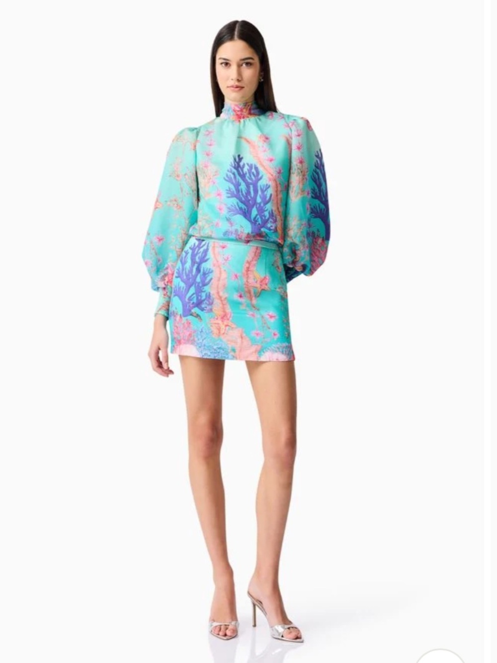 elliatt coral blue & pink coral reef seahorse print mini skirt + top small set
